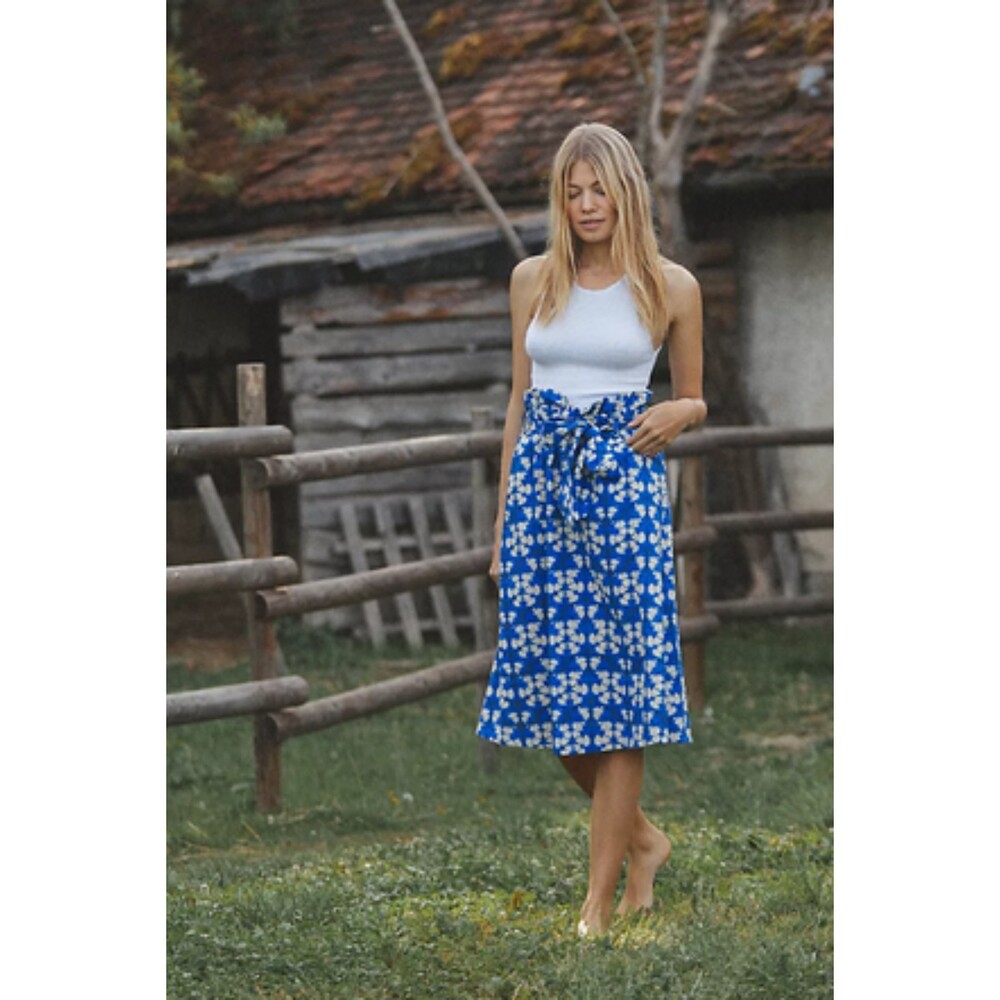 Blue Cream Printed Anthropologie Porridge Paperbag Tie-Waist Midi Skirt (NWT)